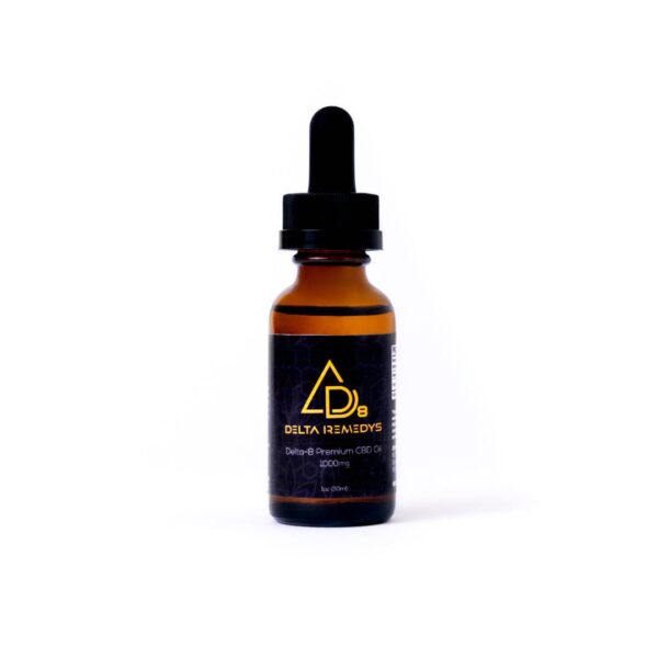 Bottle of Delta Remedys' Delta 8 Premium CBD oil.