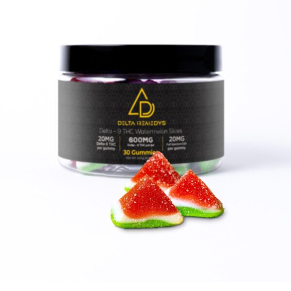 Delta Remedy Watermelon Slices gummies jar with watermelon slice gummies.