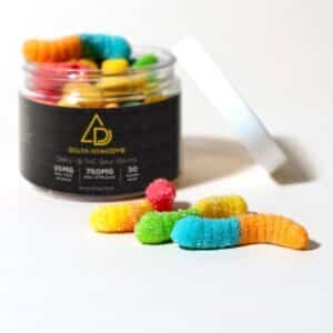 Opened Jar of Delta Remedys' Delta 8 THC Sour Worms.